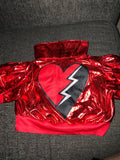 Back view of metallic red bomber jacket with broken heart lightning bolt graphic