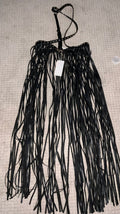 Black faux leather fringe halter top with silver studded trim and crossback halter strap laid flat