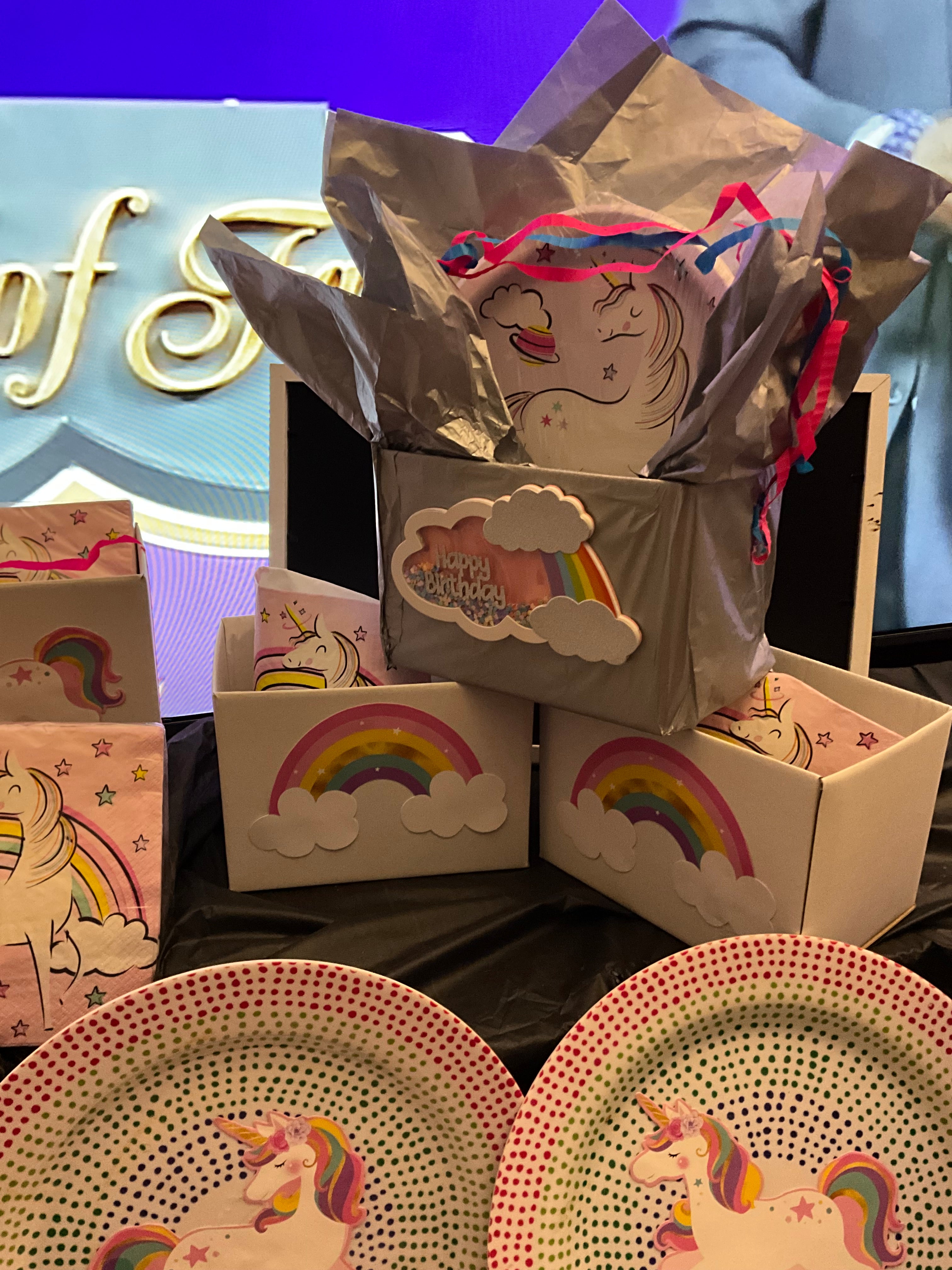 Unicorn Rainbow Birthday Party Supplies Set – Boxes, Bags & Plates