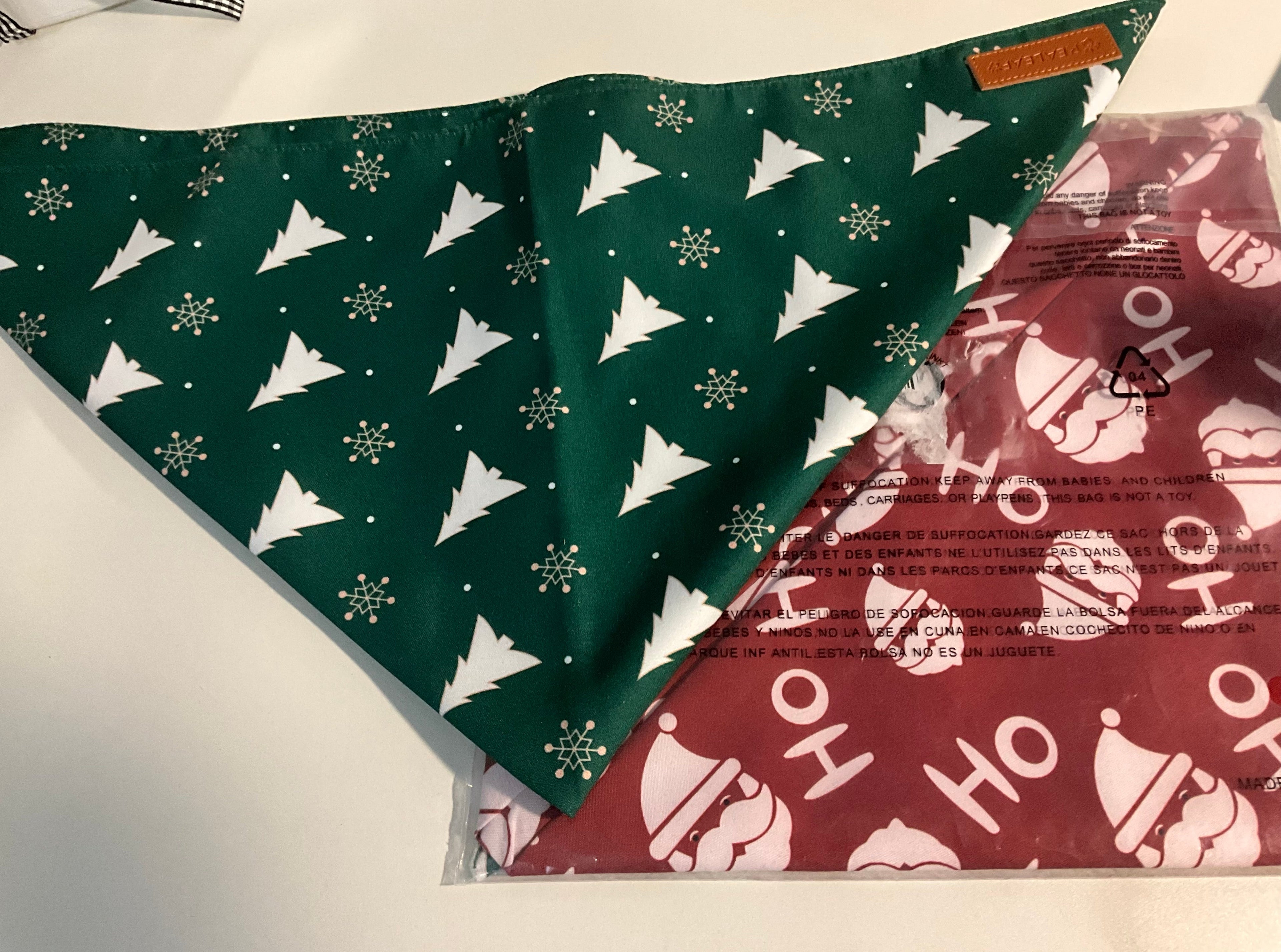 Green Christmas tree and snowflake print dog bandana with leather label tag
