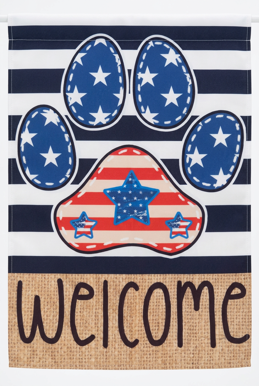 Dog Lover Flag Set, Patriotic Paw Print WELCOME & Happy Birthday Flags, Set of 2