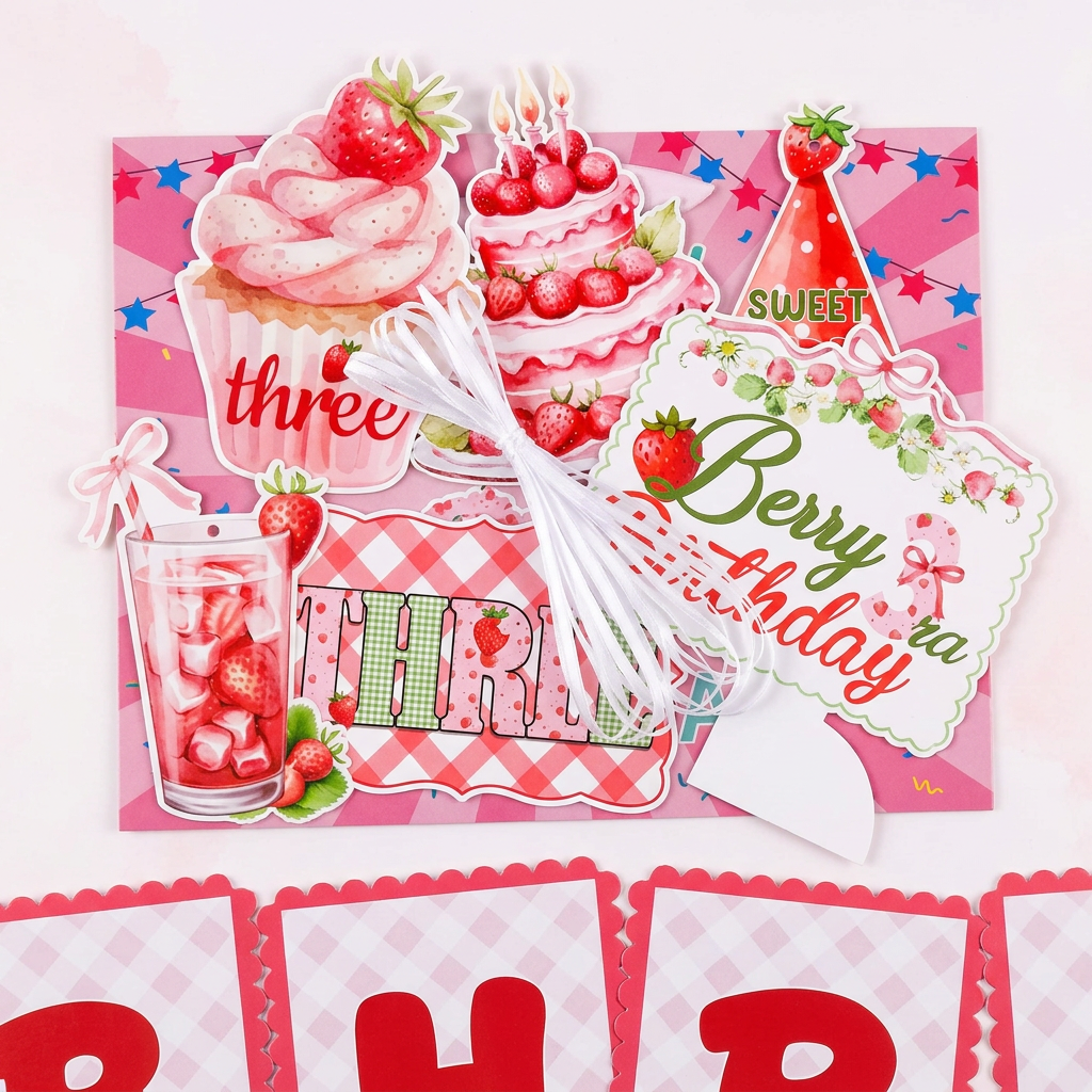 Berry Sweet Strawberry 3rd Birthday Party Decor Bundle