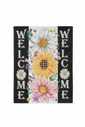 Floral welcome garden flag with pink daisy, sunflower and white daisy on black and white stripes, clean white background