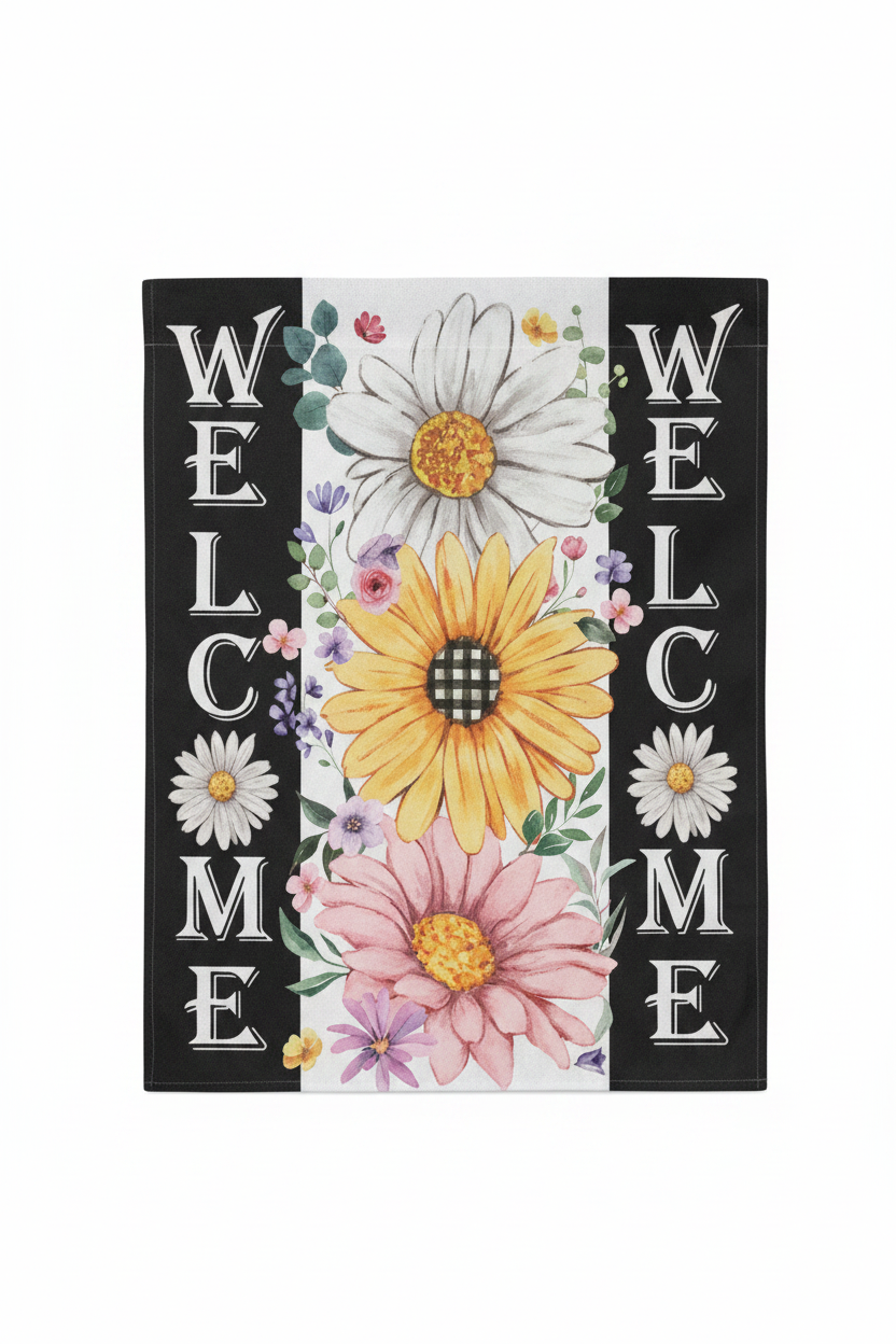 Floral welcome garden flag with pink daisy, sunflower and white daisy on black and white stripes, clean white background