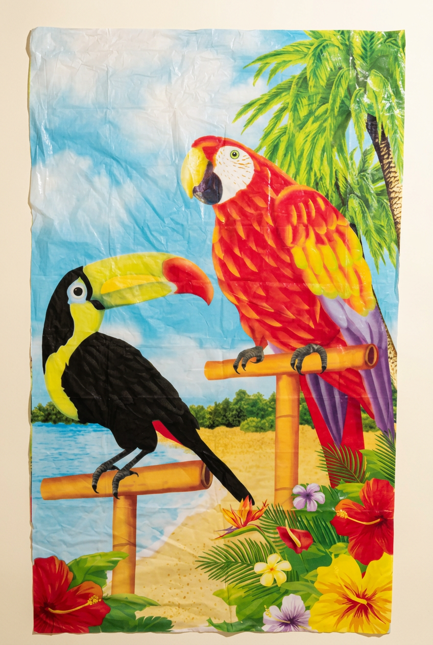 Gently used tropical bird-print tablecloth included as a free gift with the luau party décor bundle