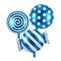 Three blue and white candy foil balloons on clean white background
