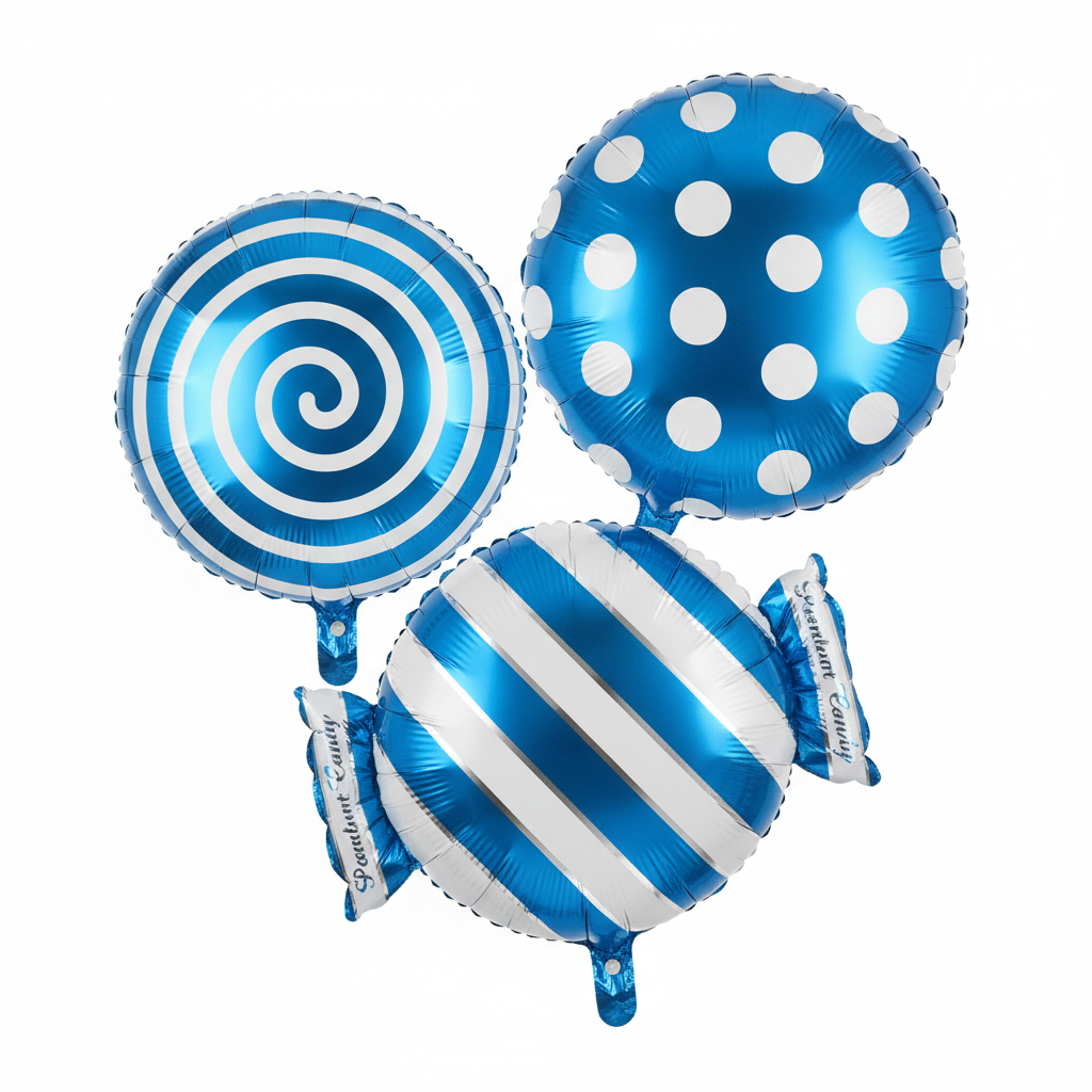 Three blue and white candy foil balloons on clean white background