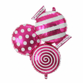 Three pink and white candy foil balloons on clean white background
