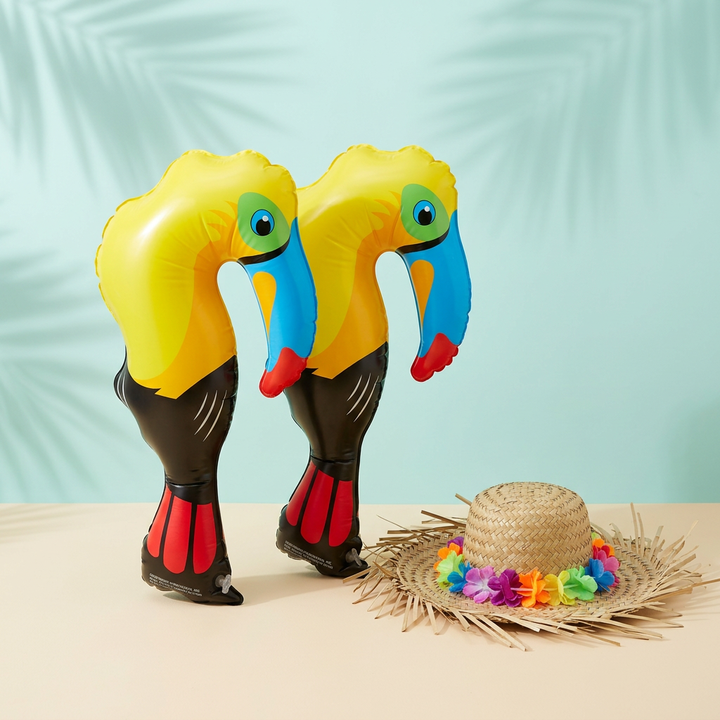 Two colorful tropical bird inflatables and a flower-trimmed party hat against a styled tropical background.