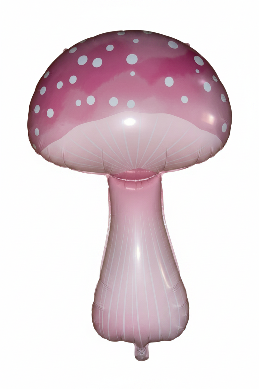 Pink mushroom foil balloon with white polka dot cap on clean white background