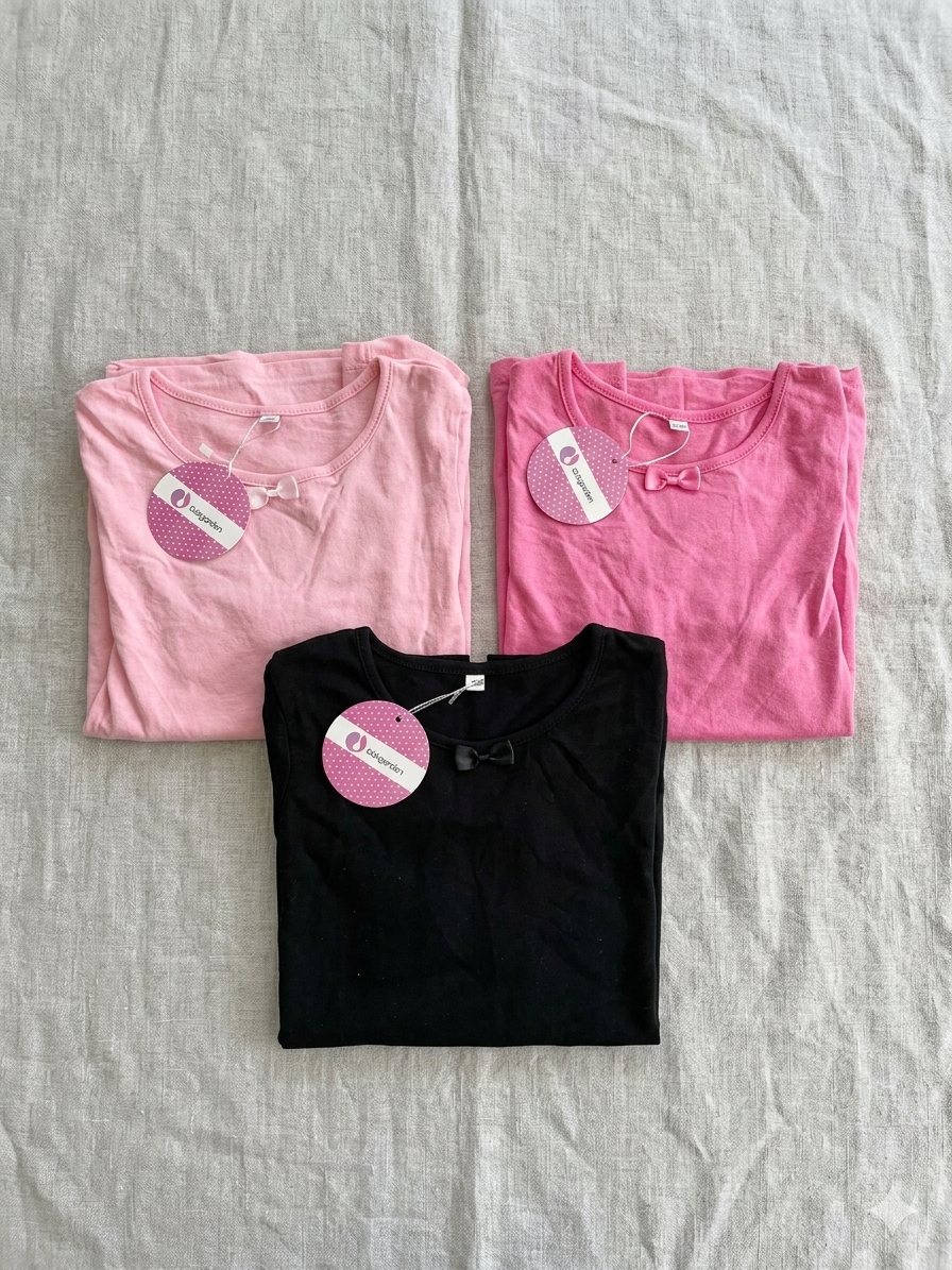 Girls Bow Neck T-Shirt Set of 3 – Light Pink, Hot Pink & Black