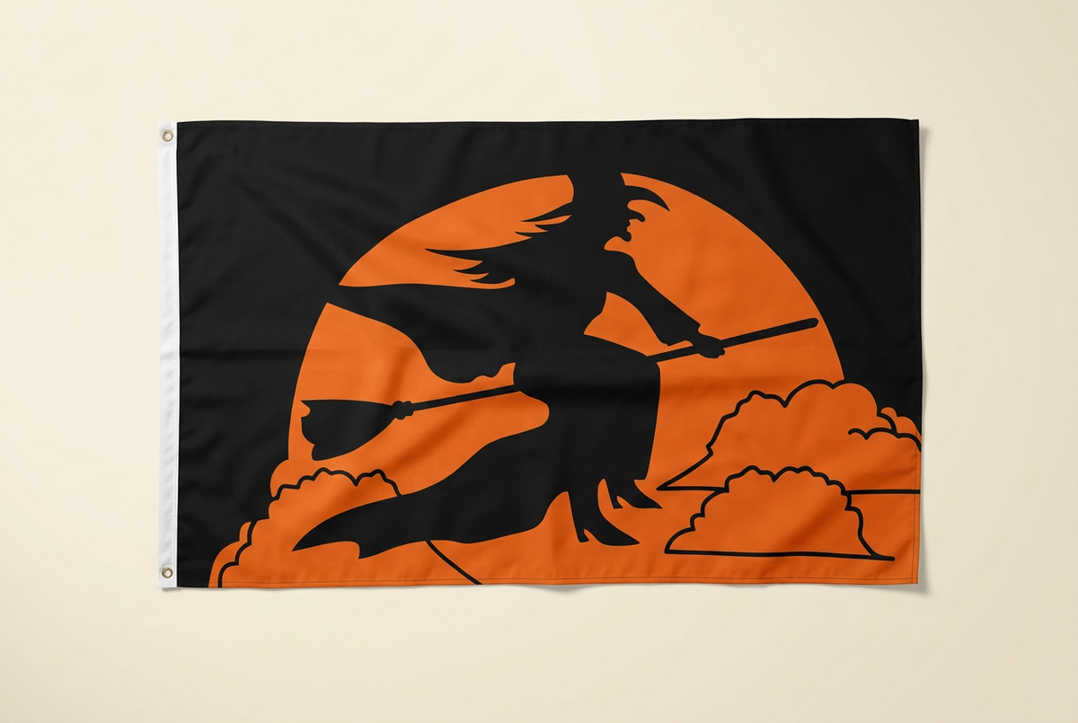 Orange-and-black witch flag on a clean ivory background; can also be used as a backdrop