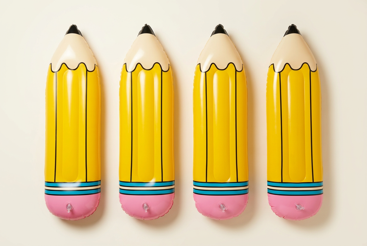 Four pencil-shaped floaties shown inflated on an ivory background; graduation backdrop included in bundle but not pictured