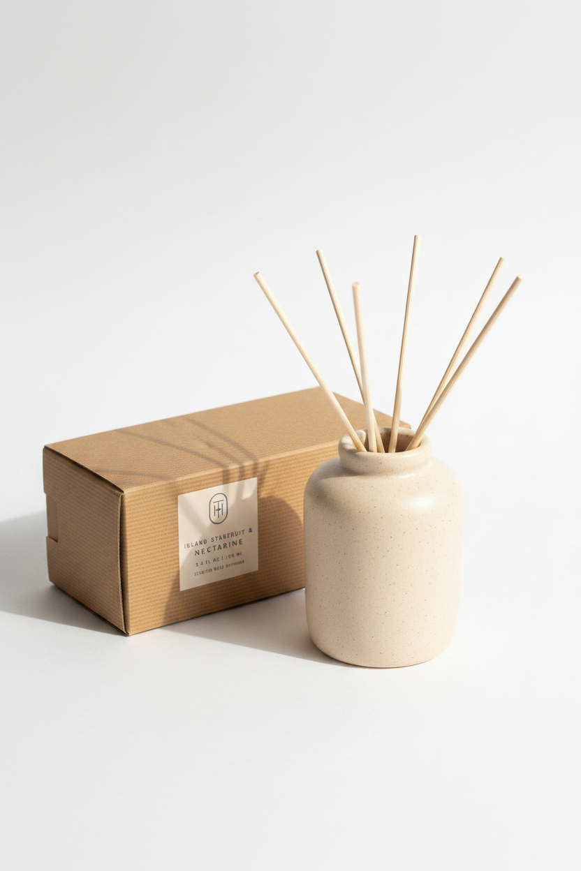 Island Starfruit and Nectarine reed diffuser with ceramic vessel and reed sticks on clean white background