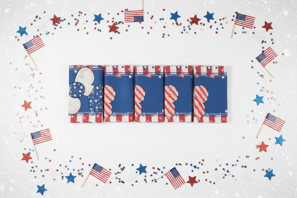 Patriotic red white and blue table runner styled flat lay background with stars and confetti