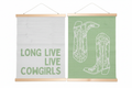 Two canvas wall hangings with wood dowel frames - Long Live Cowgirls and cowboy boots on white background