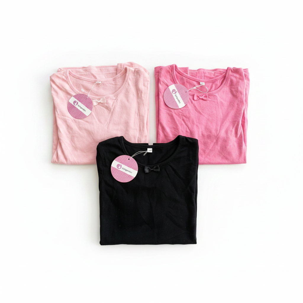 Three girls bow neck t-shirts in light pink, hot pink and black on clean white background