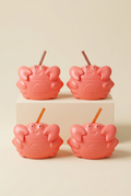 Four coral crab-shaped cups with straws displayed on an ivory background; sold as a set of eight