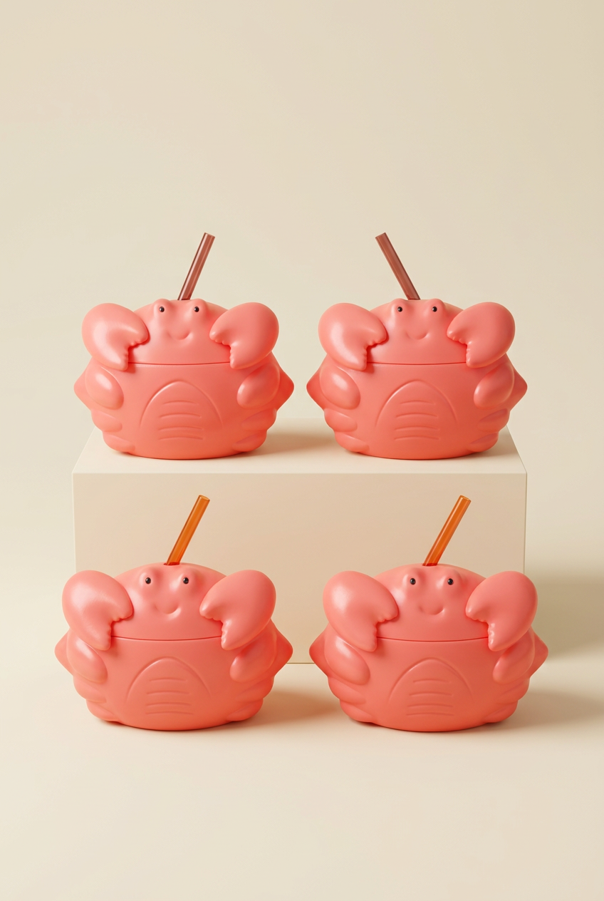 Four coral crab-shaped cups with straws displayed on an ivory background; sold as a set of eight