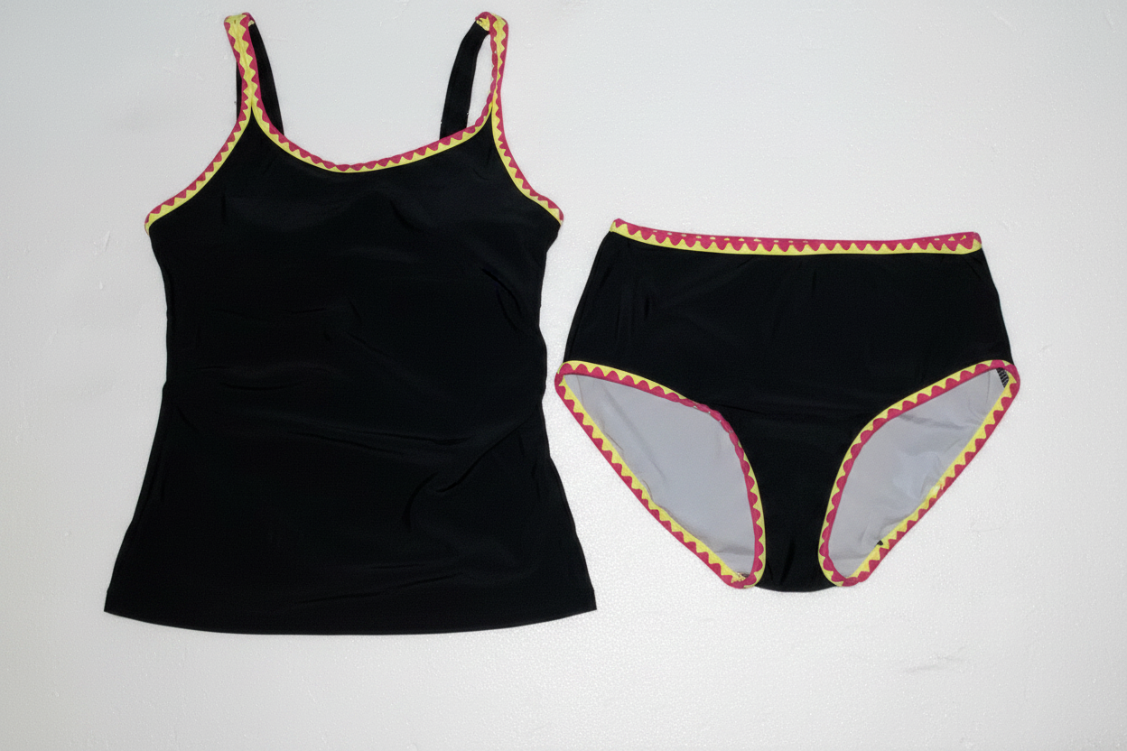 Black two-piece tankini swimsuit with pink and yellow zigzag trim on clean white background