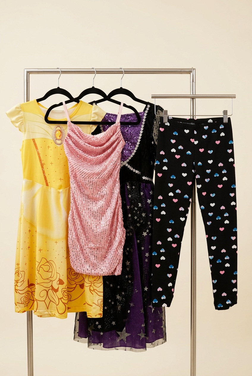 Three dress-up garments and heart-print tights; witch flag pictured separately