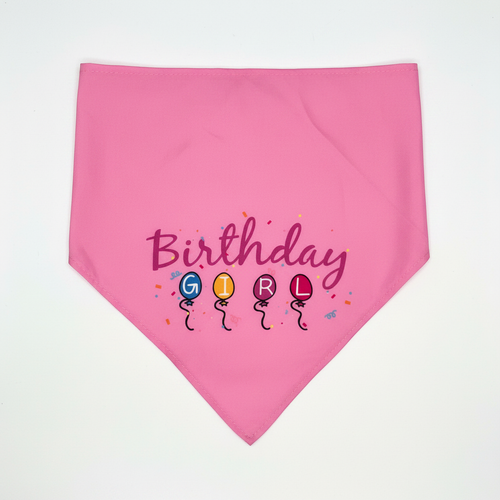 Pink Birthday Girl dog bandana with balloon letters on clean white background