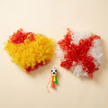 Red-and-yellow and red-and-white curly dress-up wigs with the pictured free bonus item on an ivory background