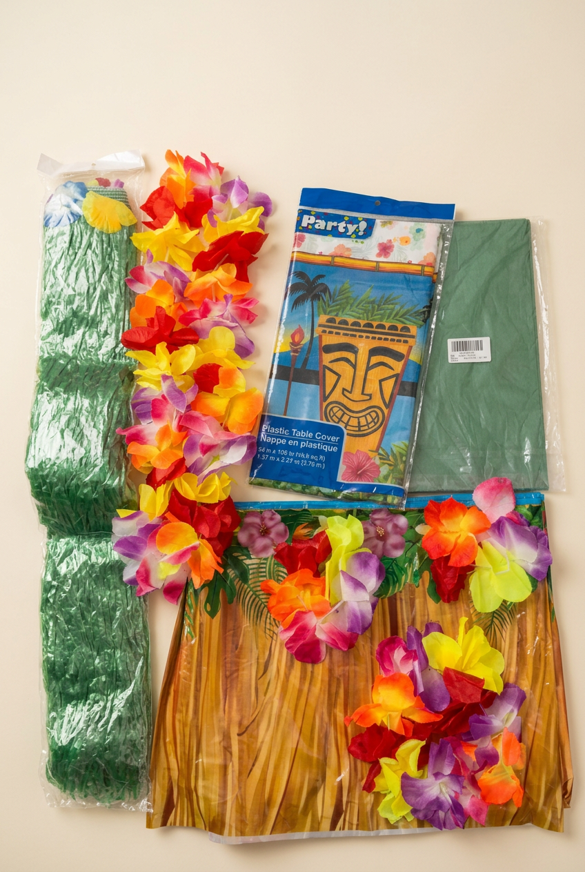 Tropical luau party décor bundle with colorful artificial flowers, fringe accents, and packaged tiki-print table cover