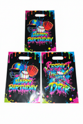 Three neon graffiti baseball party favor bags on clean white background