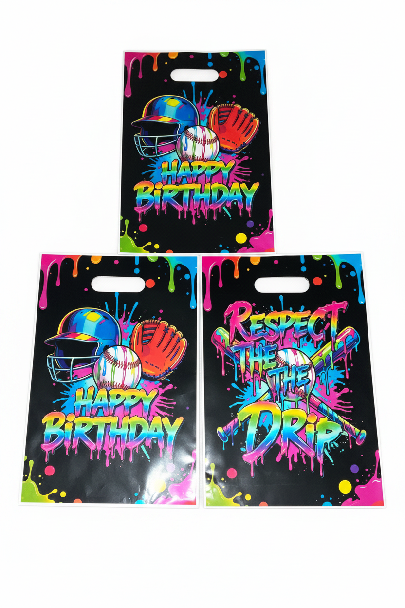Three neon graffiti baseball party favor bags on clean white background