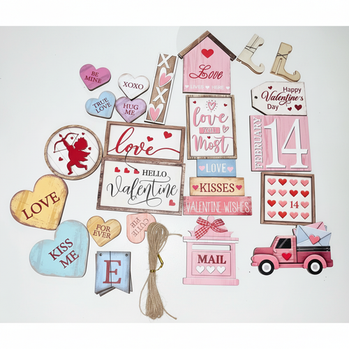 Mega Valentine's Day tiered tray kit 20+ wooden pieces on clean white background