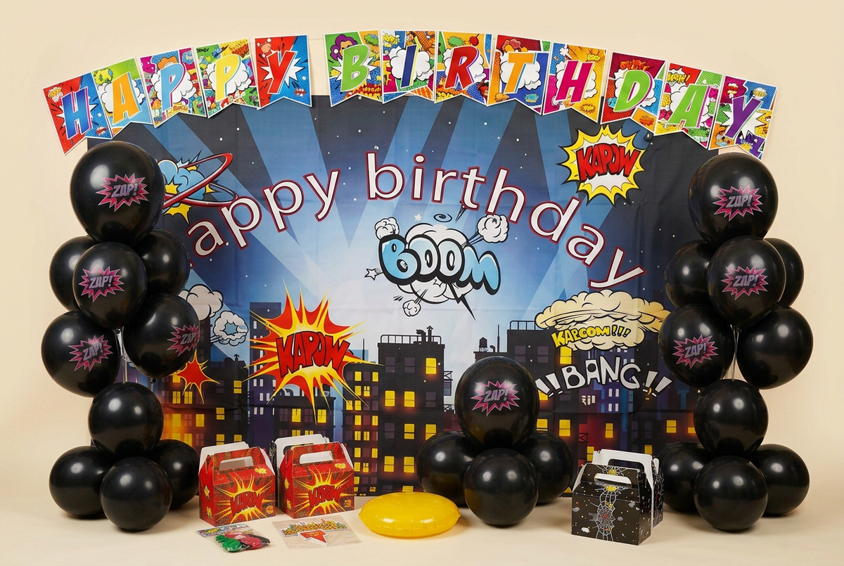 Superhero display with open treat boxes and more balloons